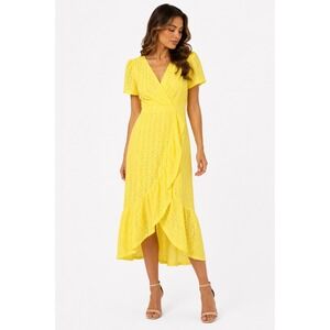 London Style Collection Eyelet Dress Women 8 Yellow Ruffle Wrap Midi Cottagecore